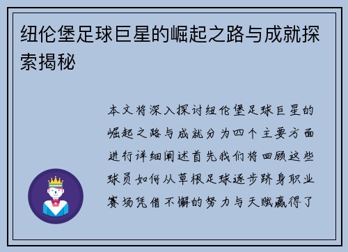 纽伦堡足球巨星的崛起之路与成就探索揭秘