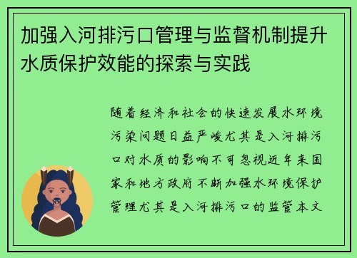 加强入河排污口管理与监督机制提升水质保护效能的探索与实践